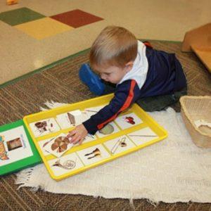 A child with instrument flash cards at our Montessori school in Oakdale, MN-7677cebb4a
