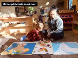 Teacher Helping a Kid to Assemble a Map Puzzle — Minneapolis, MN — Miniapple International Montessori